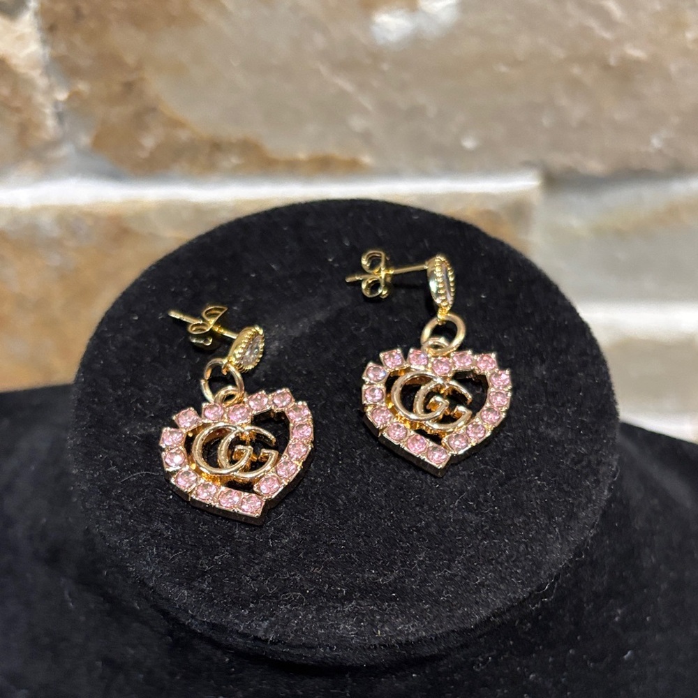 Gold and Pink Gucci Heart Drop Earrings
